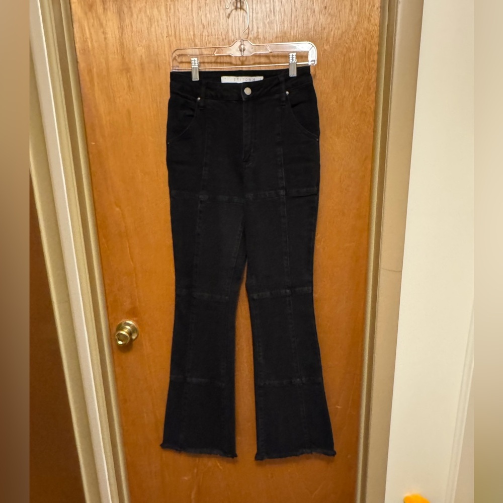 Sz 3 Tinseltown Flared Jeans Black Dark Wash Stretch Frayed Hem 5-Pocket Denim